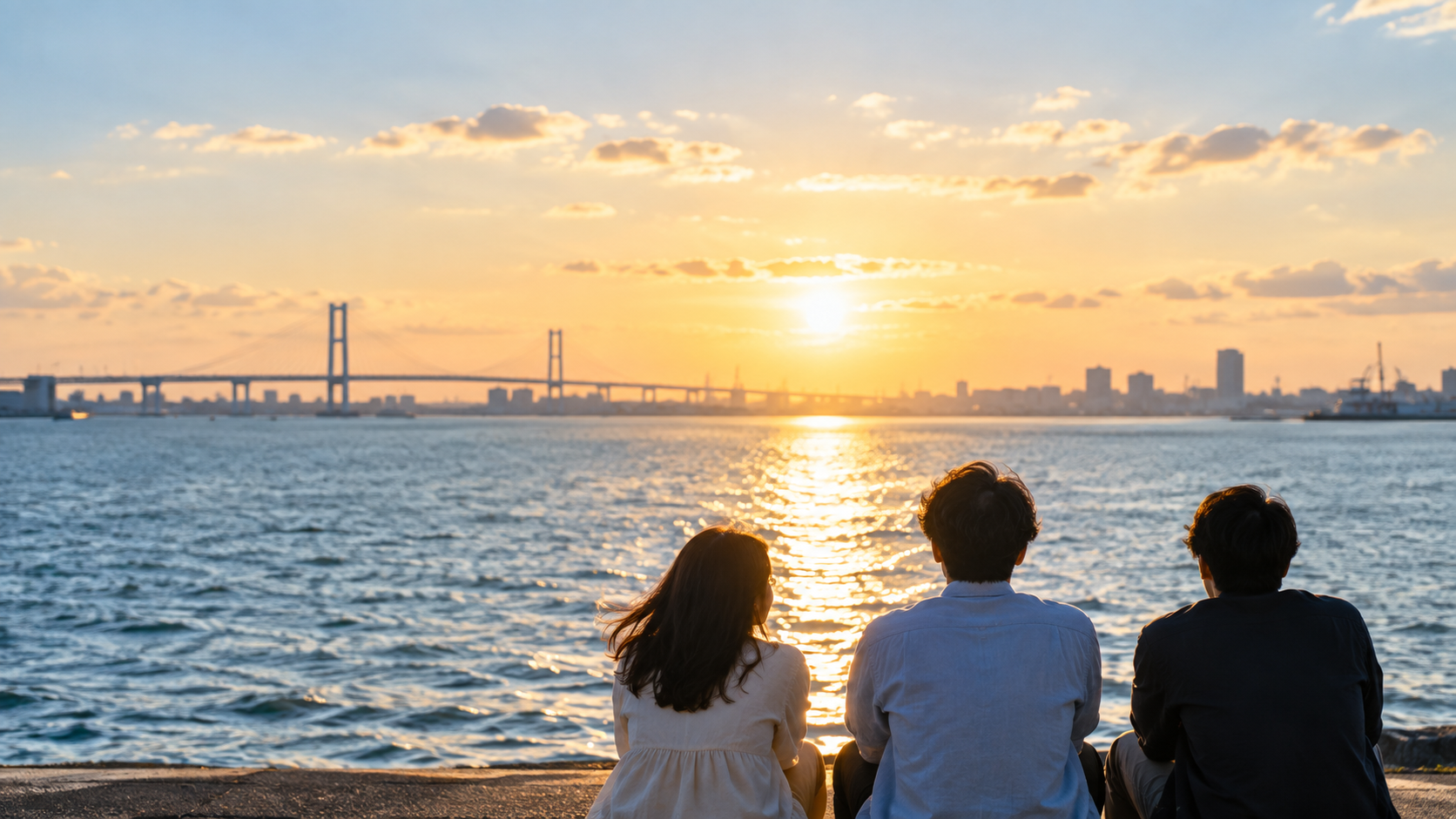 ヒーロー：海辺に座る人たちの後ろ姿